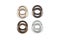 Different brass multicoloured metal eyelets or rivets - curtains rings for fastening fabric to the cornice, isolated on