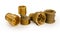 Different brass pipe fittings and plumbing components on white background