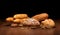 Different bread and wheat on dark wooden table