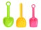 Different bright plastic toy shovels on white background, collage