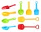 Different bright plastic toy shovels on white background, collage