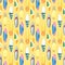 Different, bright surfboards, colorful. Watercolor illustration. Seamless pattern on orange background from the SURFING