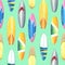 Different, bright surfboards, colorful. Watercolor illustration. Seamless pattern on turquoise background from the