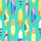 Different, bright surfboards, colorful. Watercolor illustration. Seamless pattern on turquoise background from the