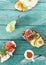 Different bruschetta fruit table top view Healthy breakfast