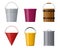 Different buckets set isolated on white background. Steel, plastic and wooden bucket set for gardening, metal container