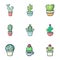 Different cactus icons set, outline style