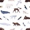 Different cartoon cute polar animals seamless pattern. Various Arctic and Antarctic birds, marine mammals vector flat