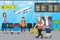 Different cartoon people in airport,airport interior,airplane on