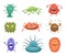 Different cartoon viruses mascots and flu microbes. Vector characters design set