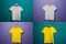 Different child t-shirts on color background