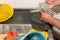 Different cleaning utensils on a tub to wash the millstones