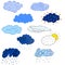 Different clouds. Hand drawn. Blue cloud on white background.