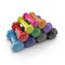 Different colored dumbbells on a white.