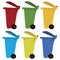 Different colored recycle waste bins vector illustration with trash.