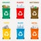 Different colored recycle waste bins vector illustration, Waste types segregation recycling vector illustration. Organic