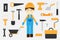 Different colorful construction pictures for children, fun education game for kids, preschool activity, set of stickers, vector