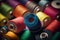 Different colorful sewing threads on wooden table, closeup