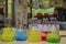 Different colorful solution in conical flask in a chemistry lab with blur background organic chemistry experiment photography