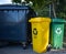 Different coloured waste bins are available for waste separation