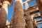 Different columns with hieroglyphs in Karnak temple. Karnak temple is the largest complex in Egypt