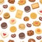 Different cookie cake isolated vector seamless pattern