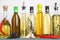 Different cooking oils on wooden table