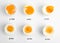 Different cooking time and readiness stages of boiled chicken eggs on background, flat lay