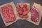 Different cuts of raw fresh angus beef meat