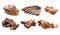 Different delicious grilled meat on white background