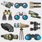 Different design binocular glasses look-see military, travel zoom search ocular equipment vector illustration