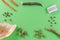 Different dog food and snack, chicken filet, antlers, lung, ear on green background