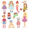 Different dolls fashion young clothes character game dress clothing childhood vector illustration