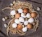 different eggs on the cloth with wheat