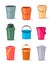 Different empty buckets. Illustration of bucket and water container. Metal plastic and wooden buckets collection