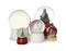 Different festive snow globes on white background