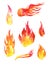 Different fire flames. Hand drawn watercolor set. Isolated illustration