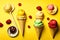 Different flavors of ice cream with yellow background.