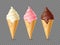 Different flavours ice cream. Waffle cones with frozen dessert, vanilla, chocolate and pink berry, soft milk creamy