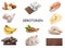 Different foods rich in serotonin that can help you stay cheerful. Different tasty products on white background