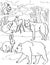 Different Forest Creatures Deer Fox Wolf Bear Rabbit With Tree Background Line Drawing. Multiple Wild Animals In Jungle