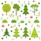 Different forest plants, trees mushrooms and other floral elements. Cartoon vector illustration isolate on white