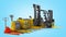 Different Forklift loaders isolated 3D render on blue gradient