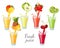 Different fruit juices in glasses with splashes. Mango, pineapple, apple, strawberry, currant, cherry, kiwi. Vector