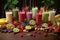 Different fruit smoothies on a table with a variety of fruits