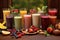 Different fruit smoothies on a table with a variety of fruits