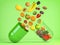 Different fruits in medical capsule, Vitamin dietary supplement and health nutrition concept