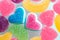 Different gelatin candies in the assortment, fruit sweets in the shape of a heart