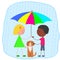 Different girl and boy with umbrella and dog in the rain.