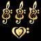 Different golden guitars, violin, treble clef. Vektor set of patterns for logo design